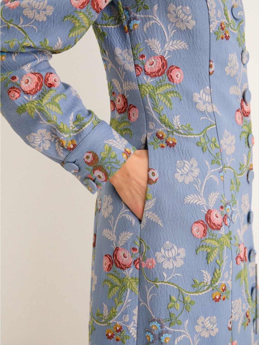 Light Blue Floral Long Coat- Will fit more Sz Large/ XL - Picture 5 of 16